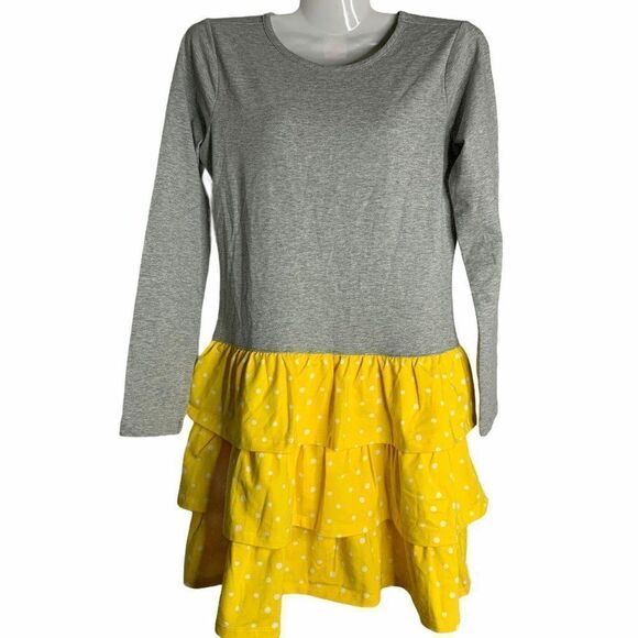 Hanna Andersson Tiered Ruffle Dress 12 Yellow Polka Dots Long Sleeve Round Neck - Picture 1 of 5